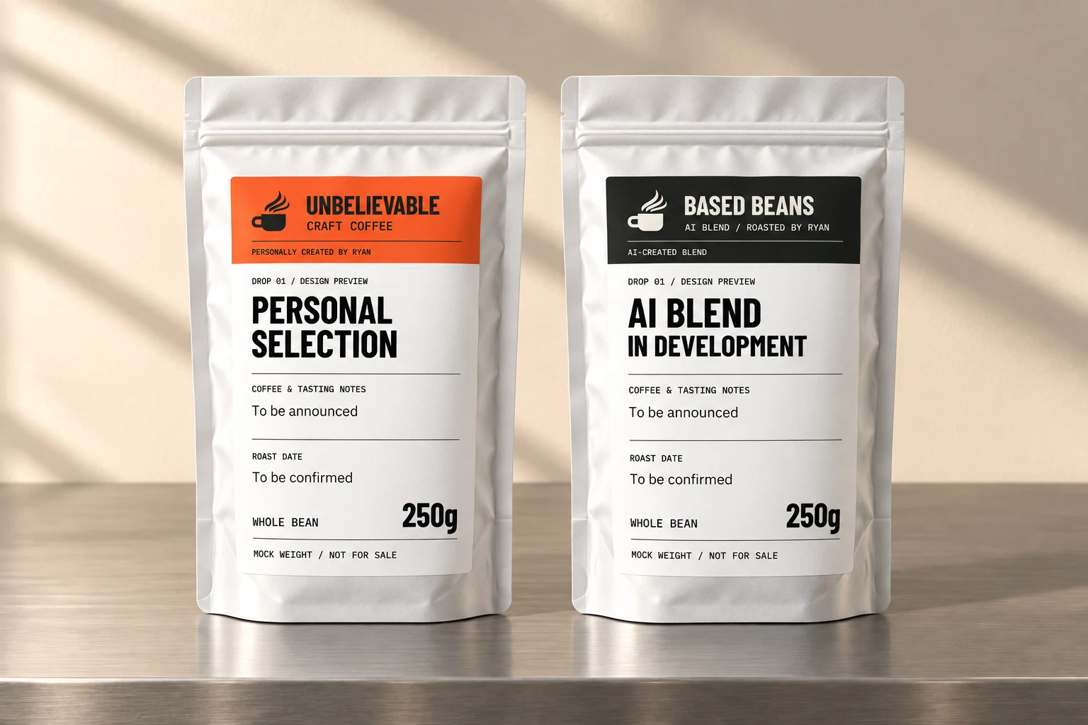 Packaging concept: two white coffee pouches, one with an orange UCC header and one with a charcoal Based Beans header.